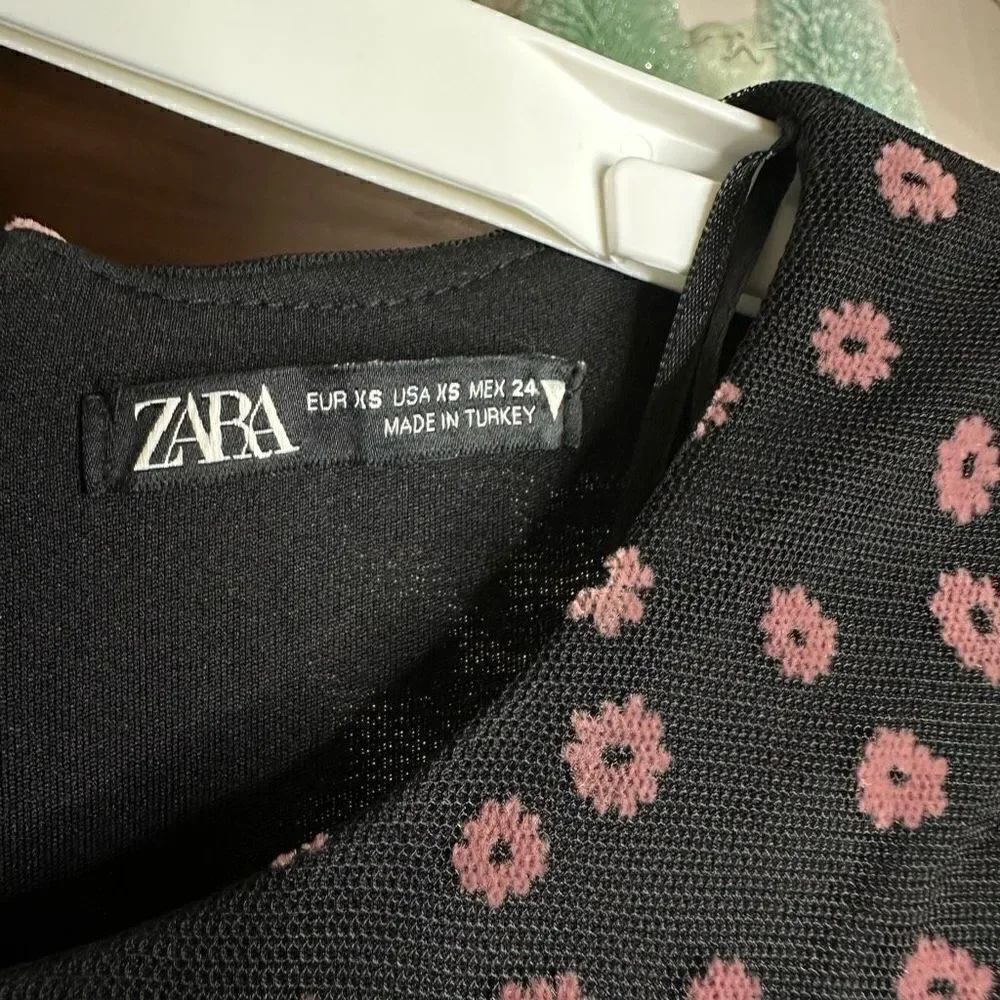 ZARA Women's Floral Draped Ruched Sheer Mini Dress Black & Pink XS - Picture 3 of 5